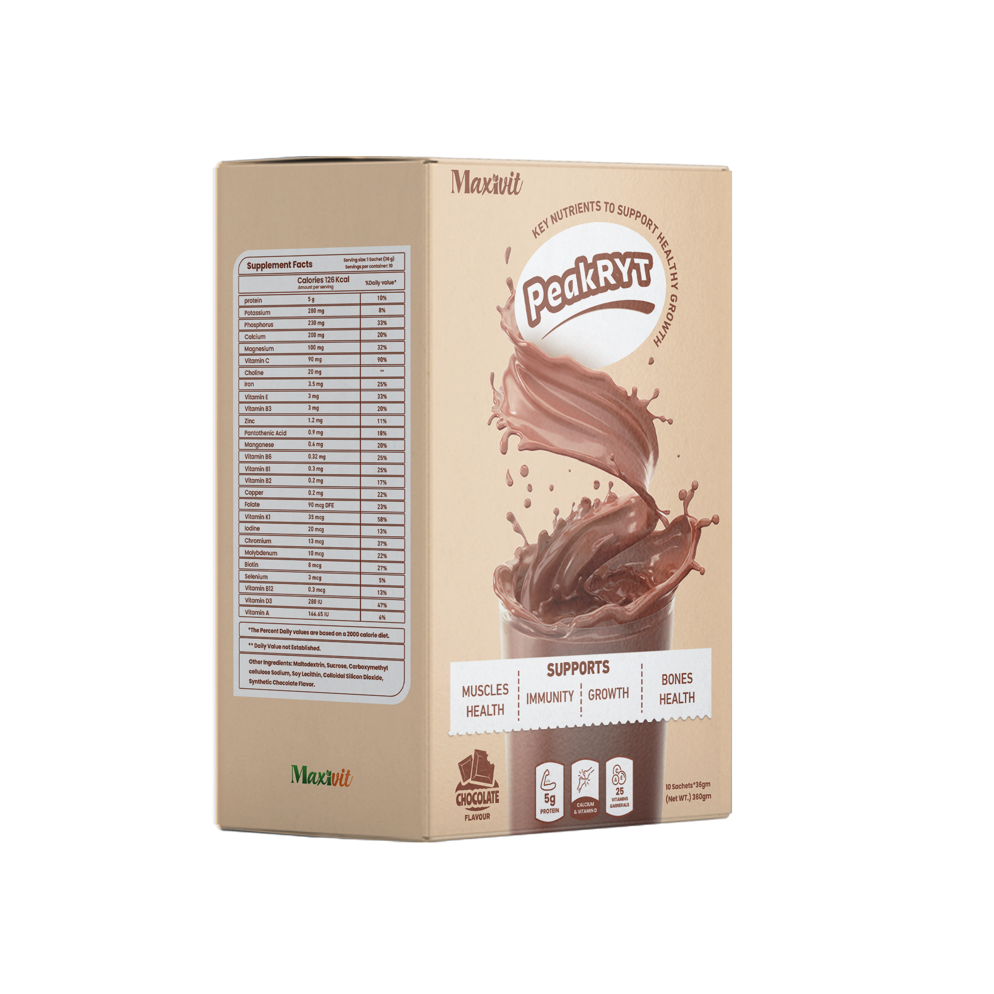 PeakRYT - High-Protein Nutritional Powder Drink Mix-Chocolate Flavor - 360 gm - 10 Sachets