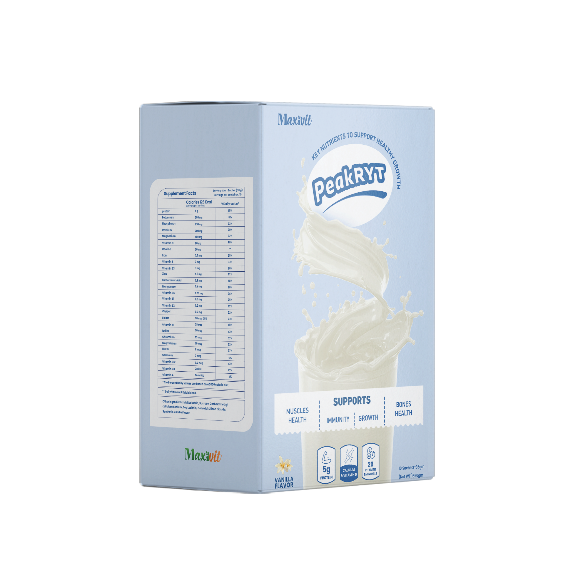 PeakRYT - High-Protein Nutritional Powder Drink Mix - Vanilla Flavor - 360 gm - 10 Sachets