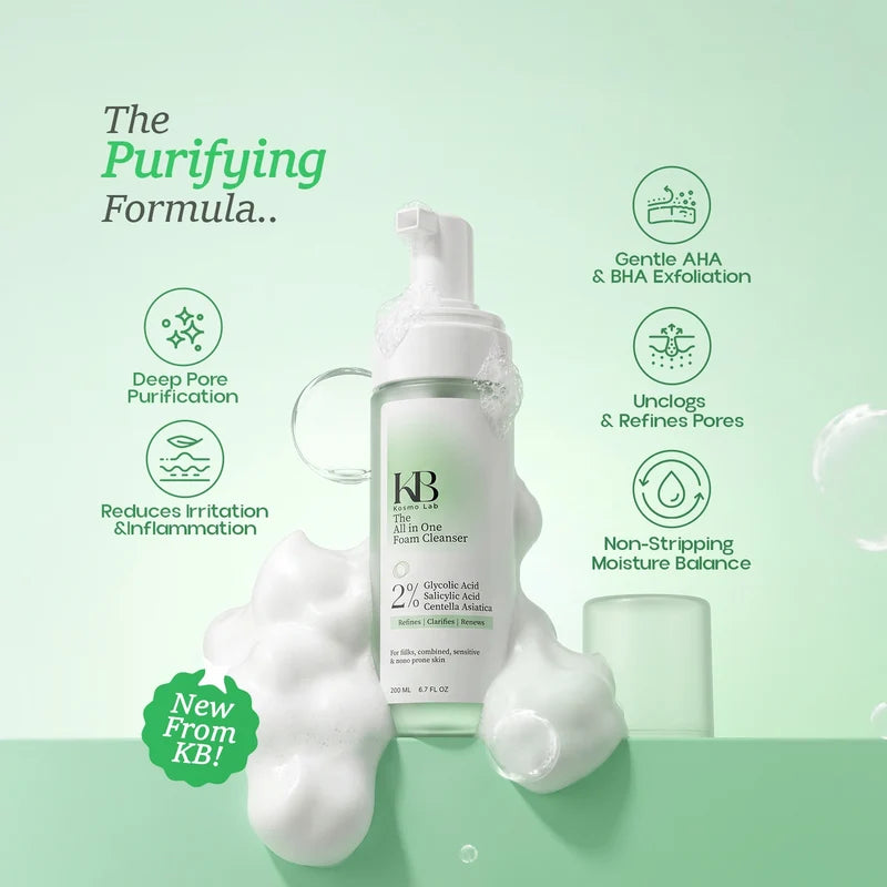 KB Cosmo Lab All in One Foam Cleanser | AHA & BHA Exfoliating Face Wash 1+1